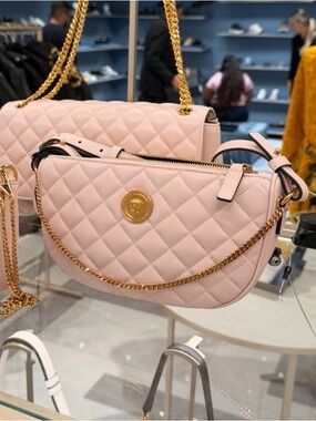Versace Half Moon Quilted Light Pink Lamb Leather Crossbody with Medusa & Chain